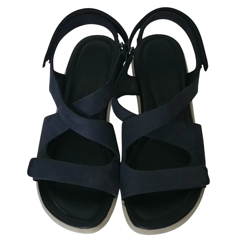 ECCO Damara Wedge Sandals Womens 5-5.5 Navy Blue Leather Strappy 216643-02303